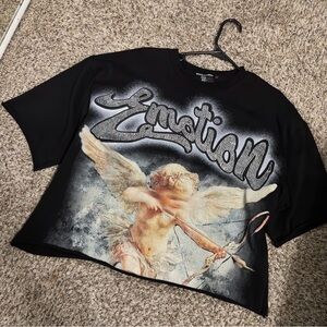 Black Graphic Tee with Angel Design